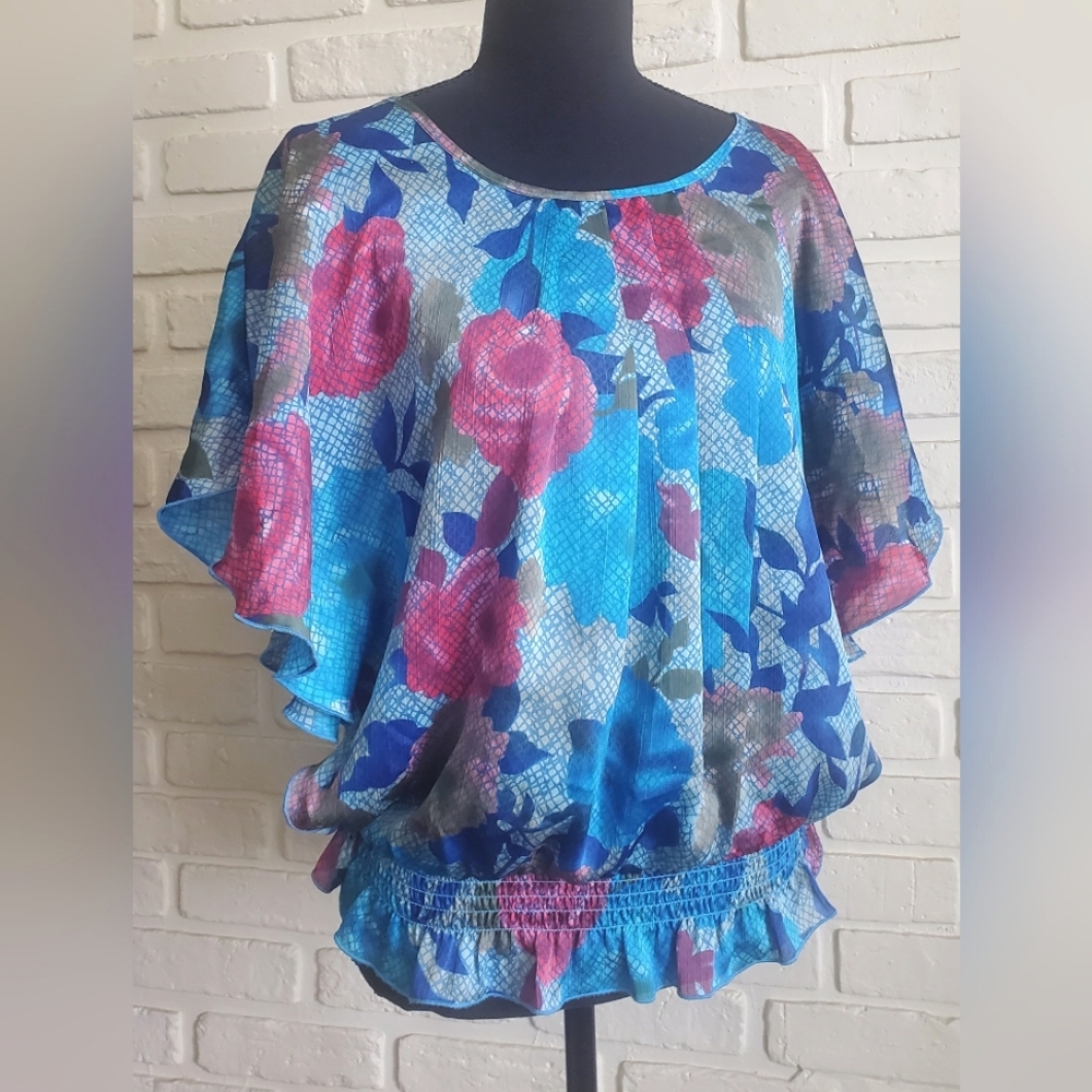 NY Collection Chiffon Blouse Top Dolman Sleeves Floral Rose Flowy Size Medium